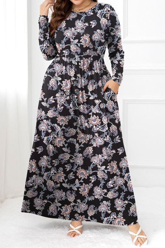 Plus Size Round Neck Long Sleeve Maxi Dress with Pockets - nailedmoms