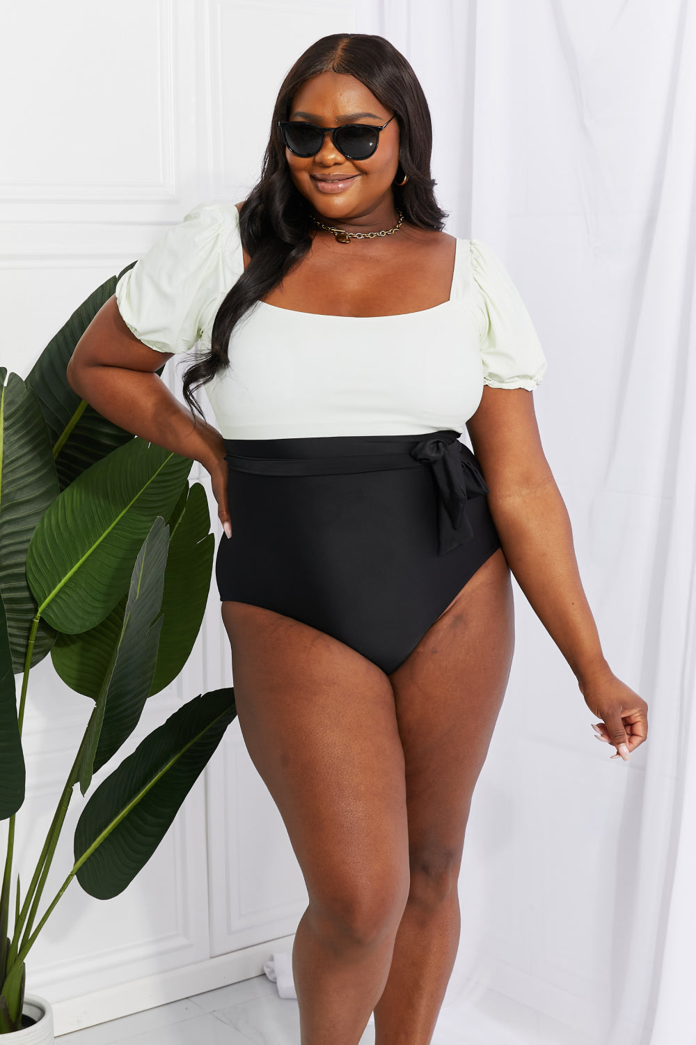 Marina West Swim Salty Air Puff Sleeve One-Piece in Cream/Black - nailedmoms
