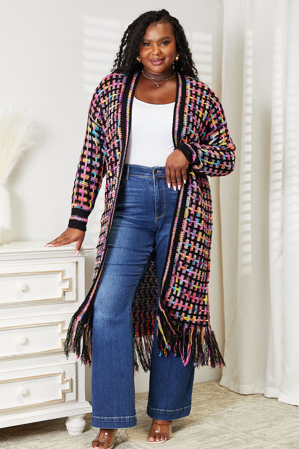 Double Take Full Size Multicolored Open Front Fringe Hem Cardigan - nailedmoms