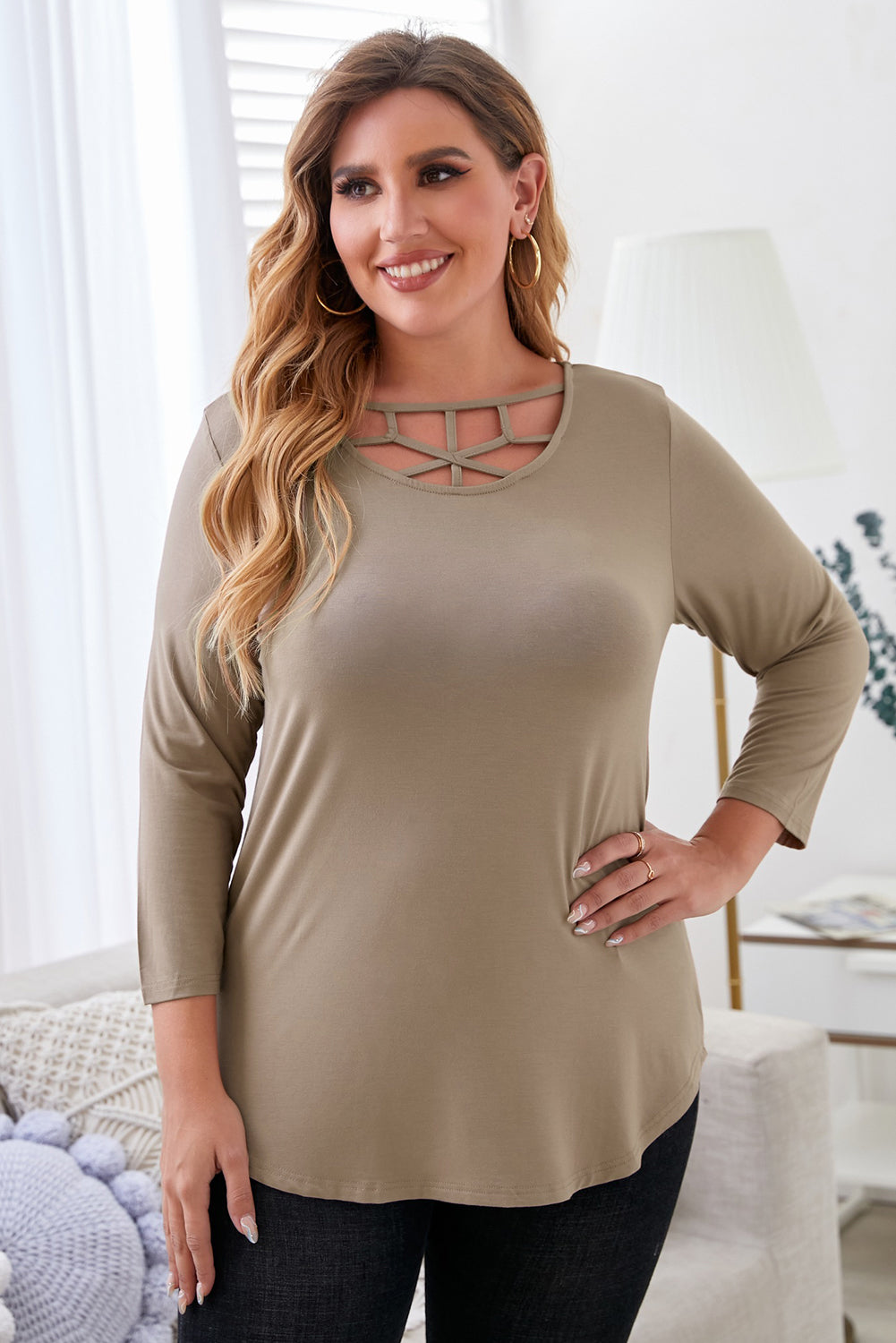 Plus Size Curved Hem Neck Detail Tee - nailedmoms