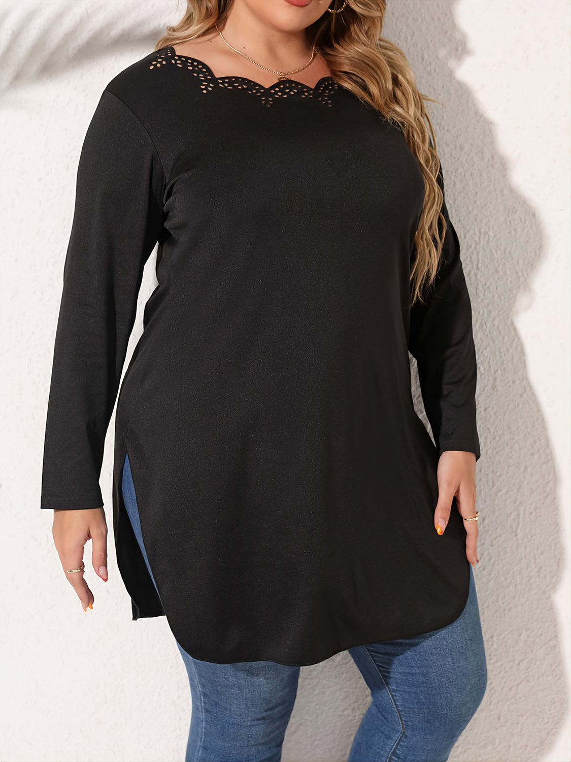 Plus Size Slit Long Sleeve T-Shirt - nailedmoms