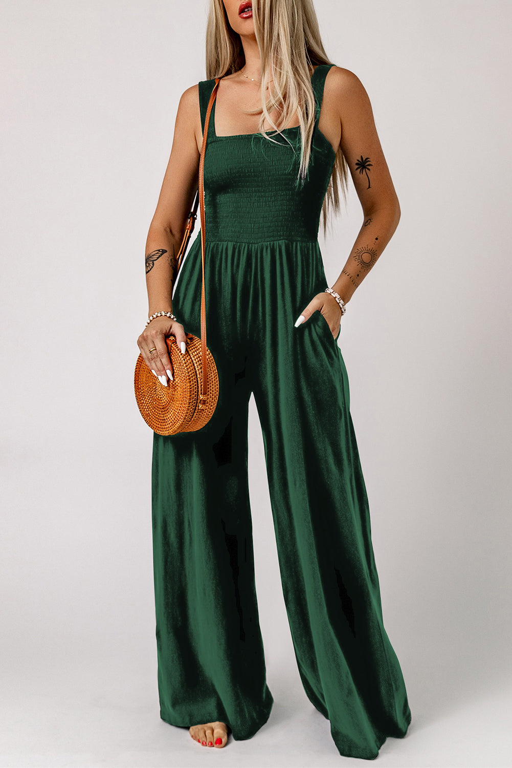 Smocked Square Neck Wide Leg Jumpsuit with Pockets - nailedmoms