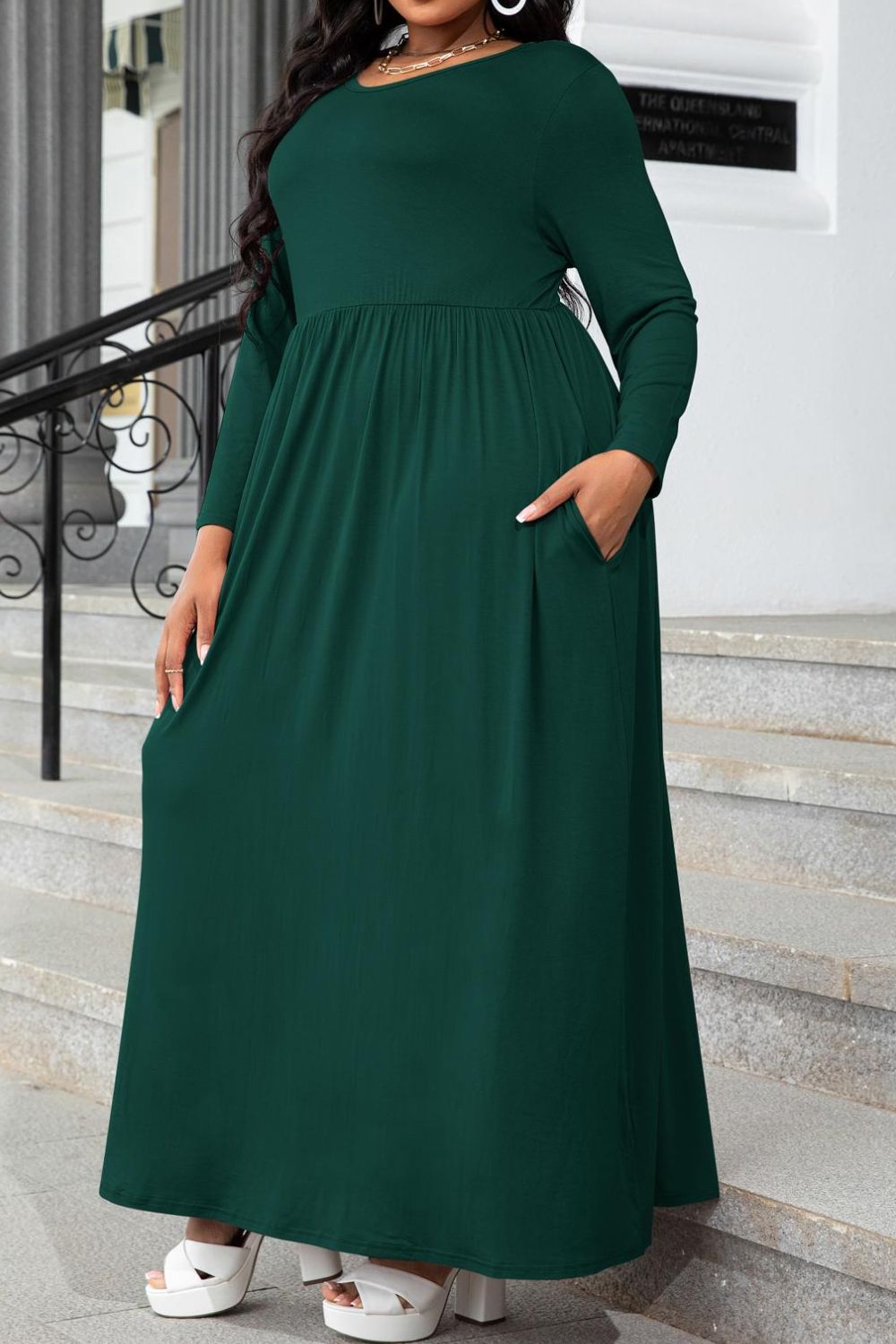 Plus Size Round Neck Long Sleeve Maxi Dress with Pockets - nailedmoms