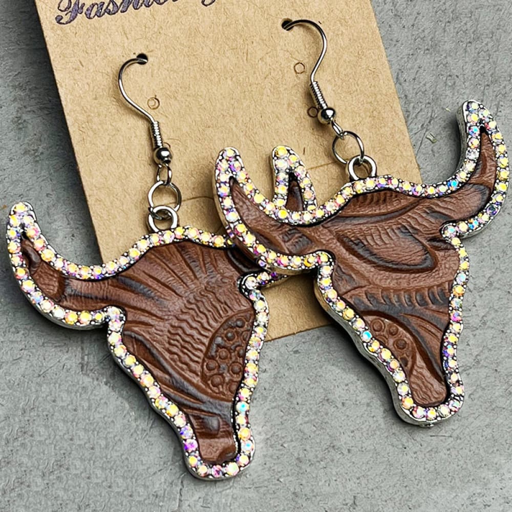 Rhinestone Trim Alloy Bull Earrings - nailedmoms