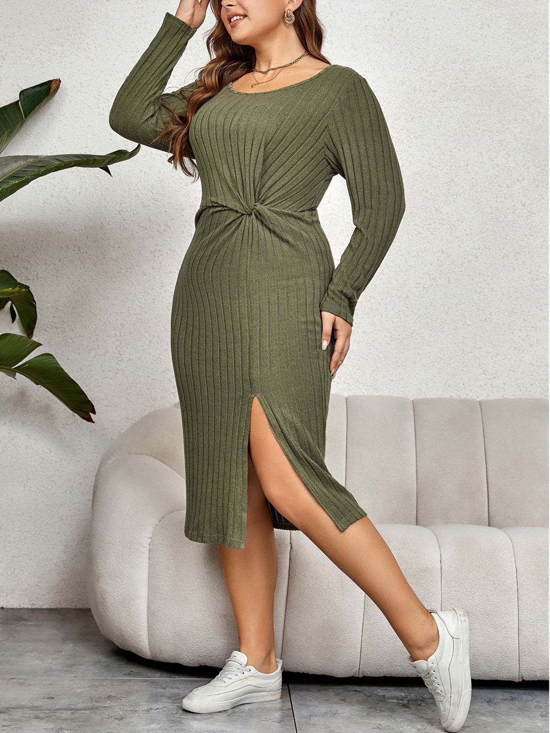 Plus Size Ribbed Round Neck Twisted Slit Midi Dress - nailedmoms
