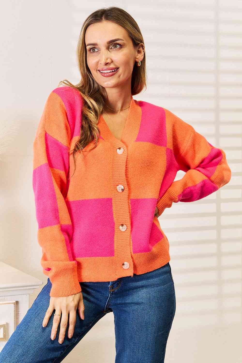 Woven Right Checkered V-Neck Dropped Shoulder Cardigan - nailedmoms