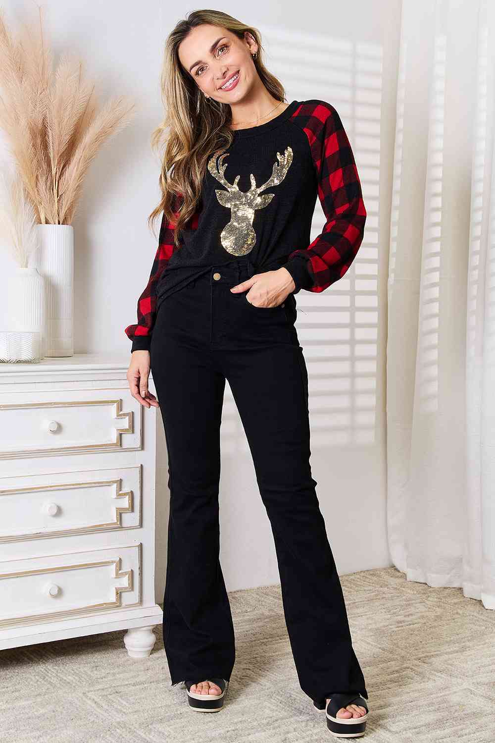Heimish Full Size Sequin Reindeer Graphic Plaid Top - nailedmoms