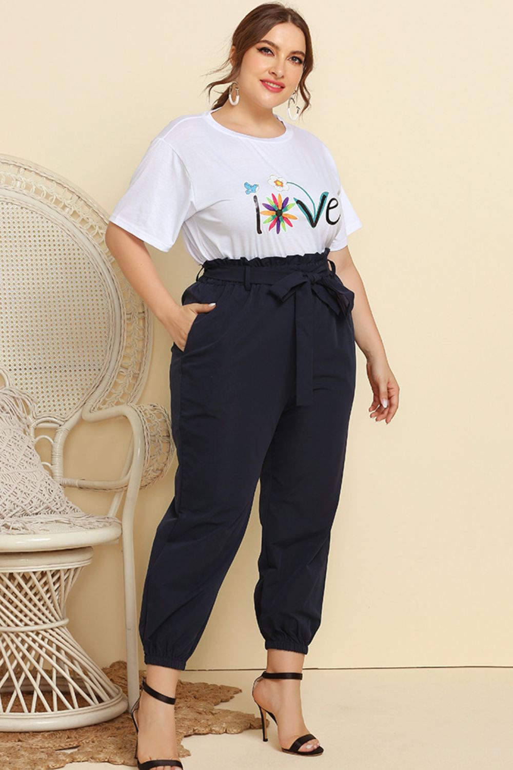 Graphic Tee and Belted Paperbag Joggers Set - nailedmoms