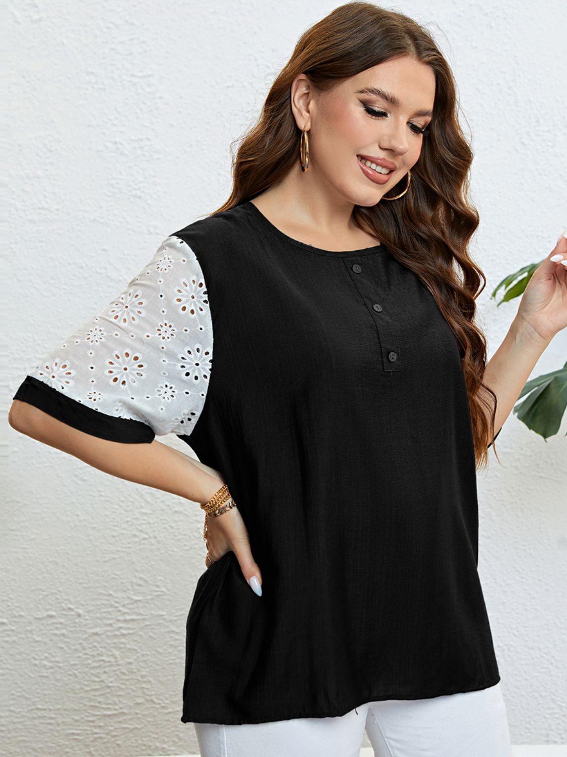 Plus Size Contrast Decorative Button Half Sleeve Top - nailedmoms