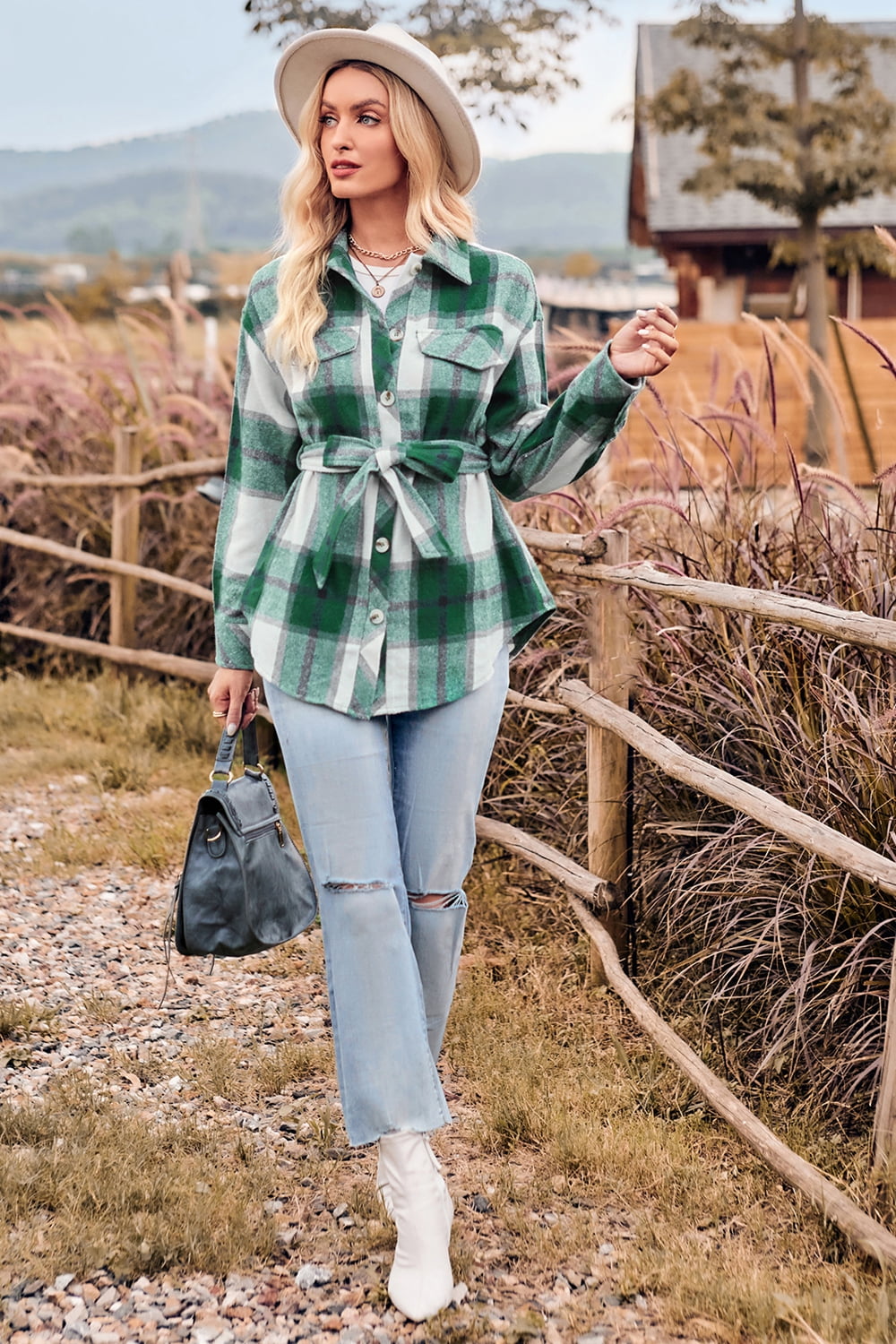 Plaid Collared Neck Bow Front Long Sleeve Jacket - nailedmoms