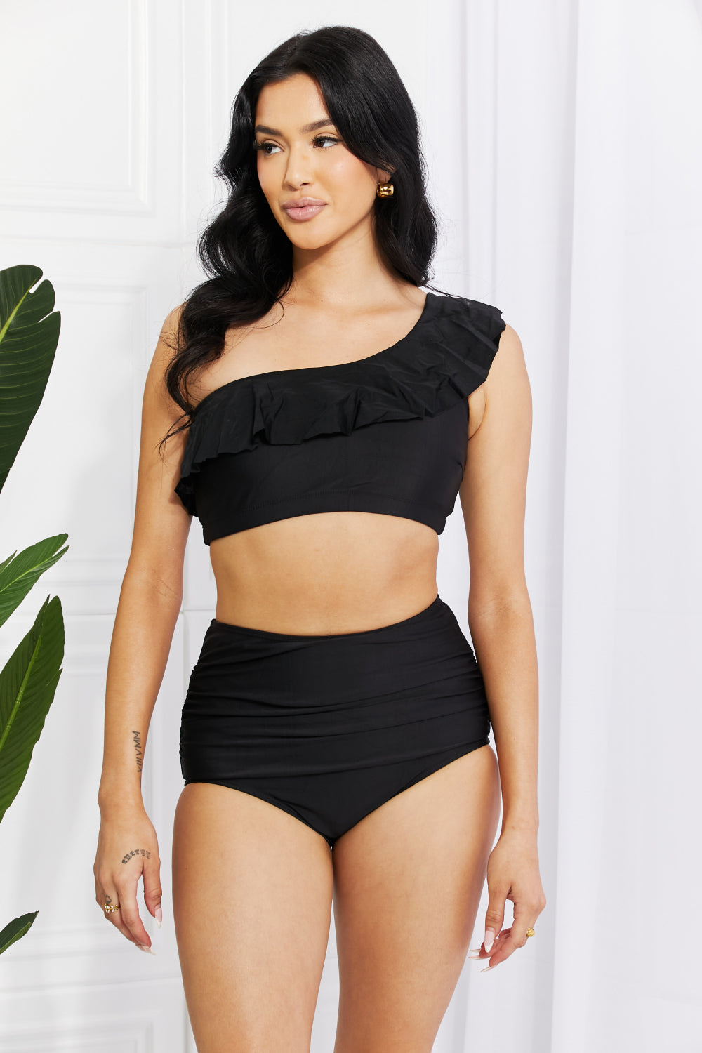 Marina West Swim Seaside Romance Ruffle One-Shoulder Bikini in Black - nailedmoms