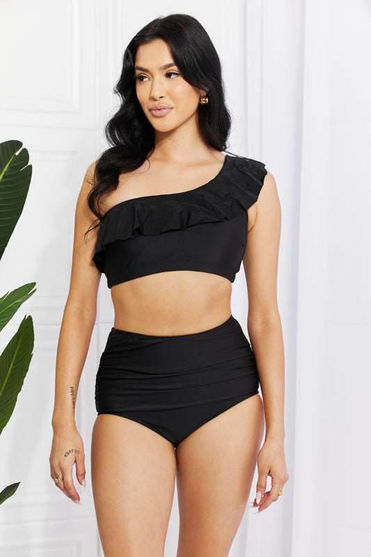 Marina West Swim Seaside Romance Ruffle One-Shoulder Bikini in Black - nailedmoms
