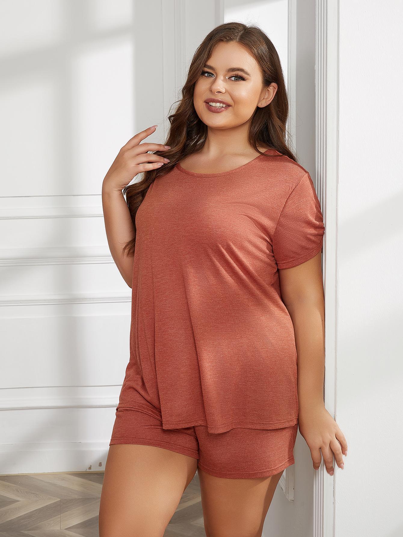 Plus Size Round Neck Short Sleeve Two-Piece Loungewear Set - nailedmoms