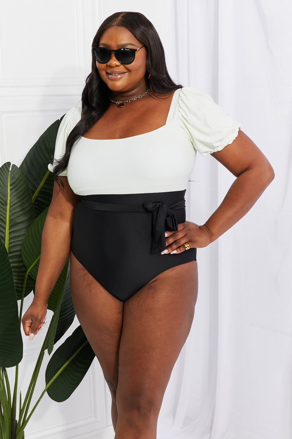 Marina West Swim Salty Air Puff Sleeve One-Piece in Cream/Black - nailedmoms
