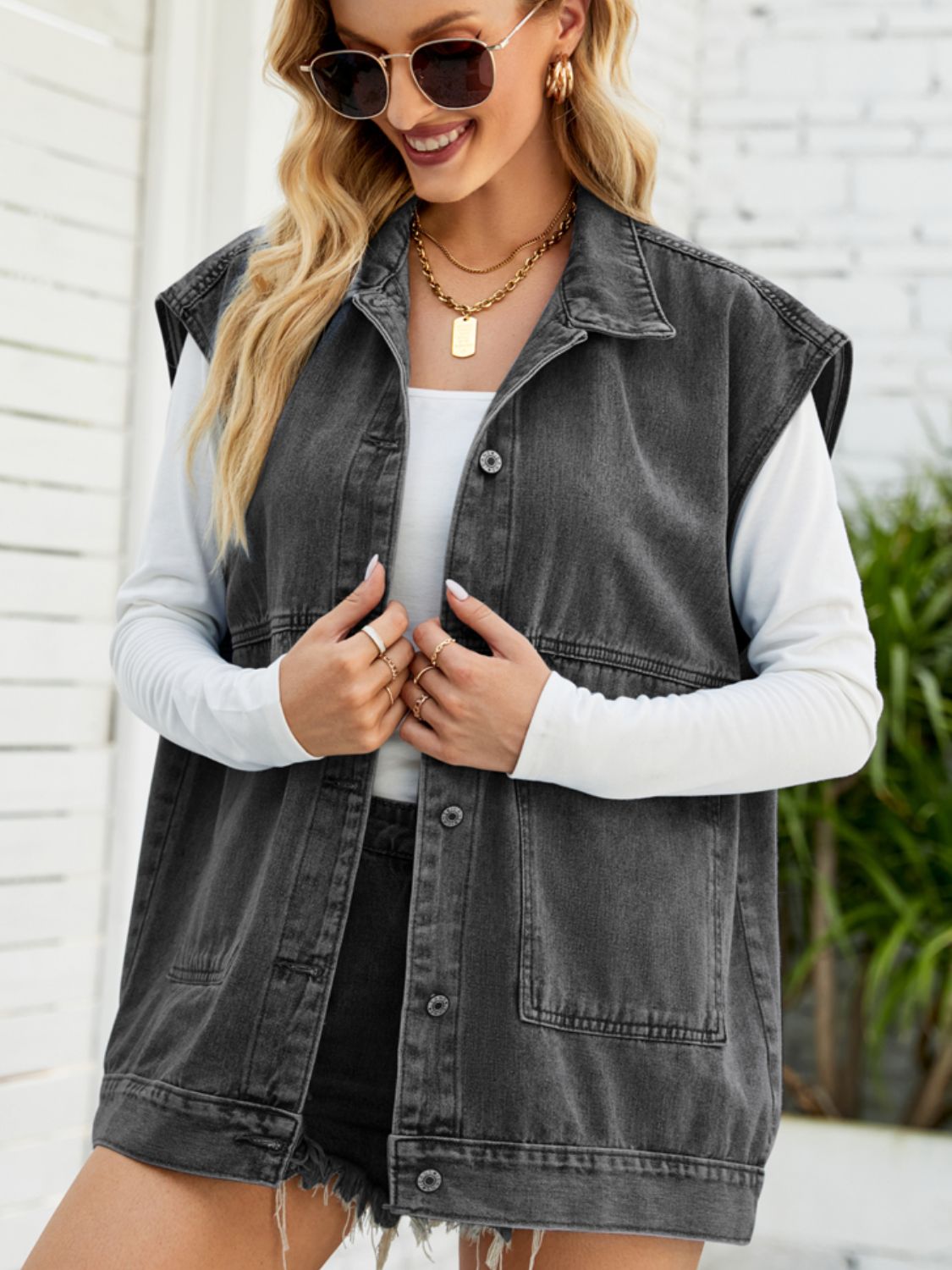 Collared Neck Sleeveless Denim Top with Pockets - nailedmoms