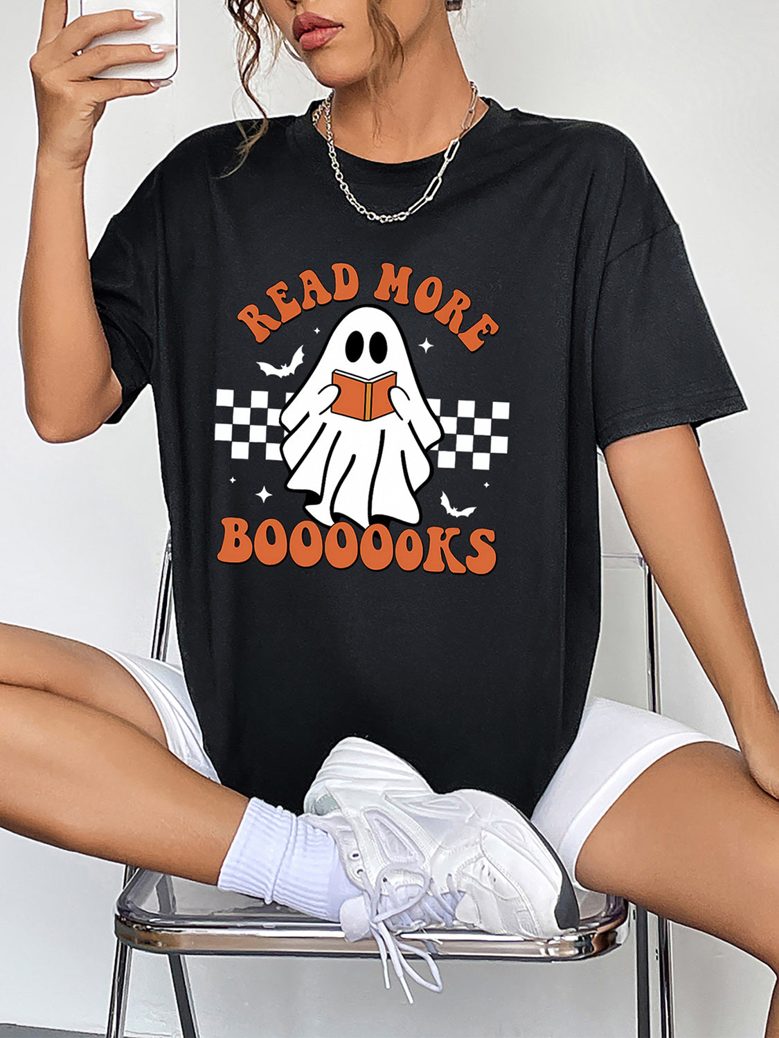 Round Neck Short Sleeve Ghost Graphic T-Shirt - nailedmoms