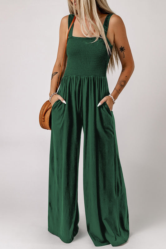 Smocked Square Neck Wide Leg Jumpsuit with Pockets - nailedmoms