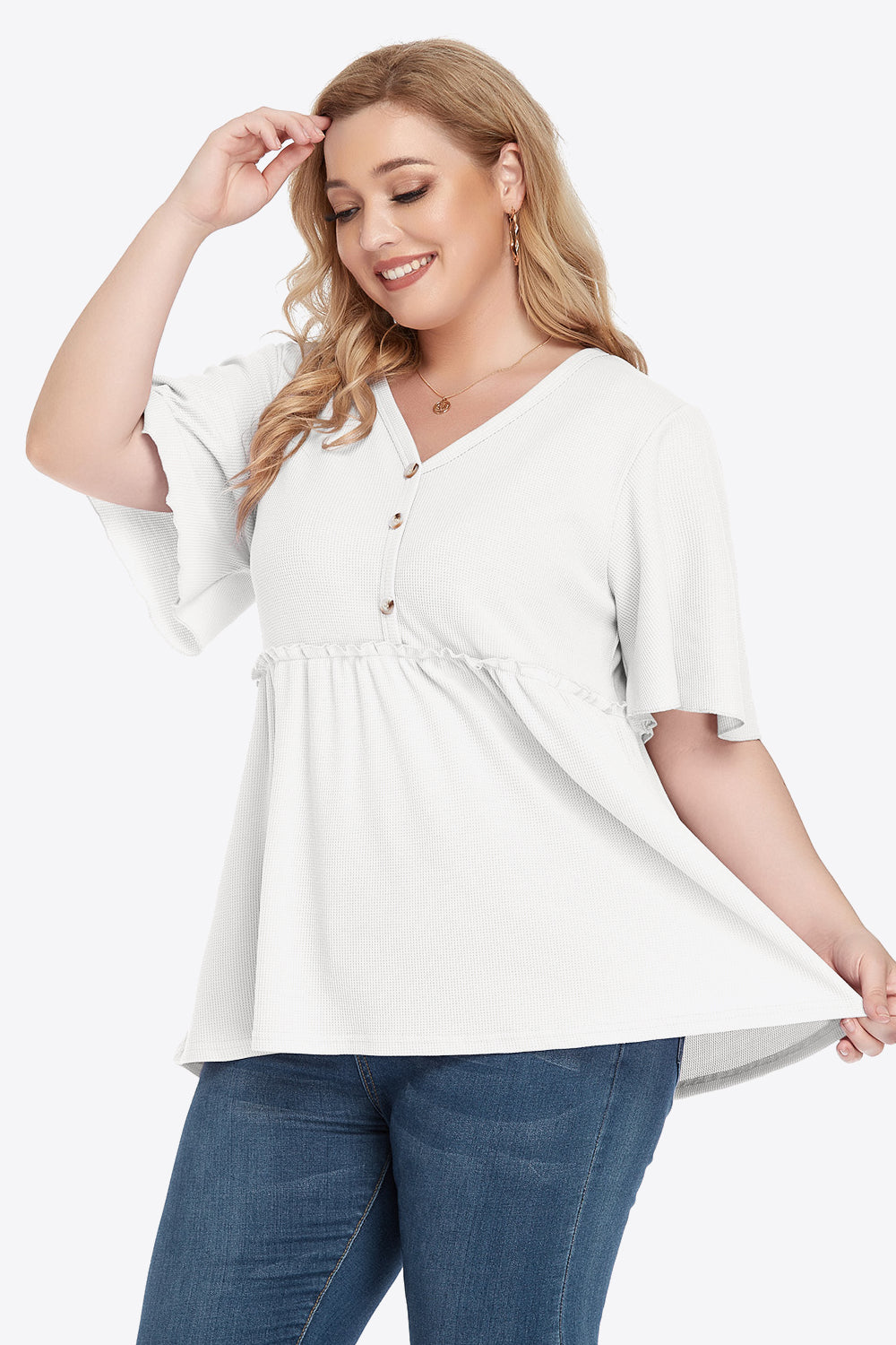 Plus Size Buttoned V-Neck Frill Trim Babydoll Blouse - nailedmoms