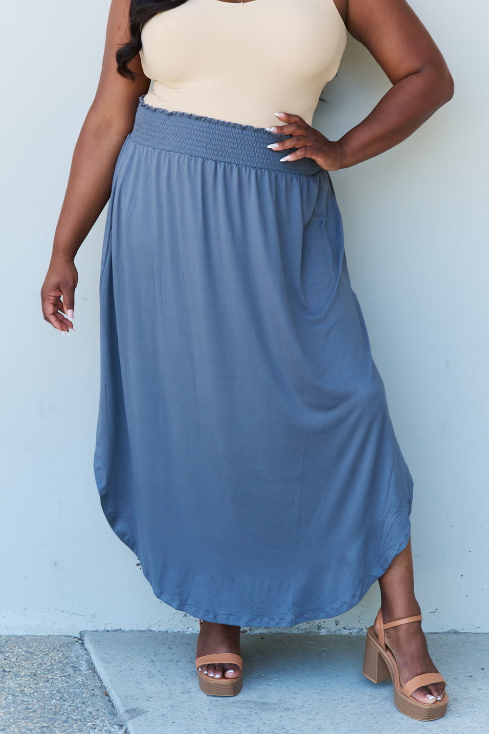 Doublju Comfort Princess Full Size High Waist Scoop Hem Maxi Skirt in Dusty Blue - nailedmoms