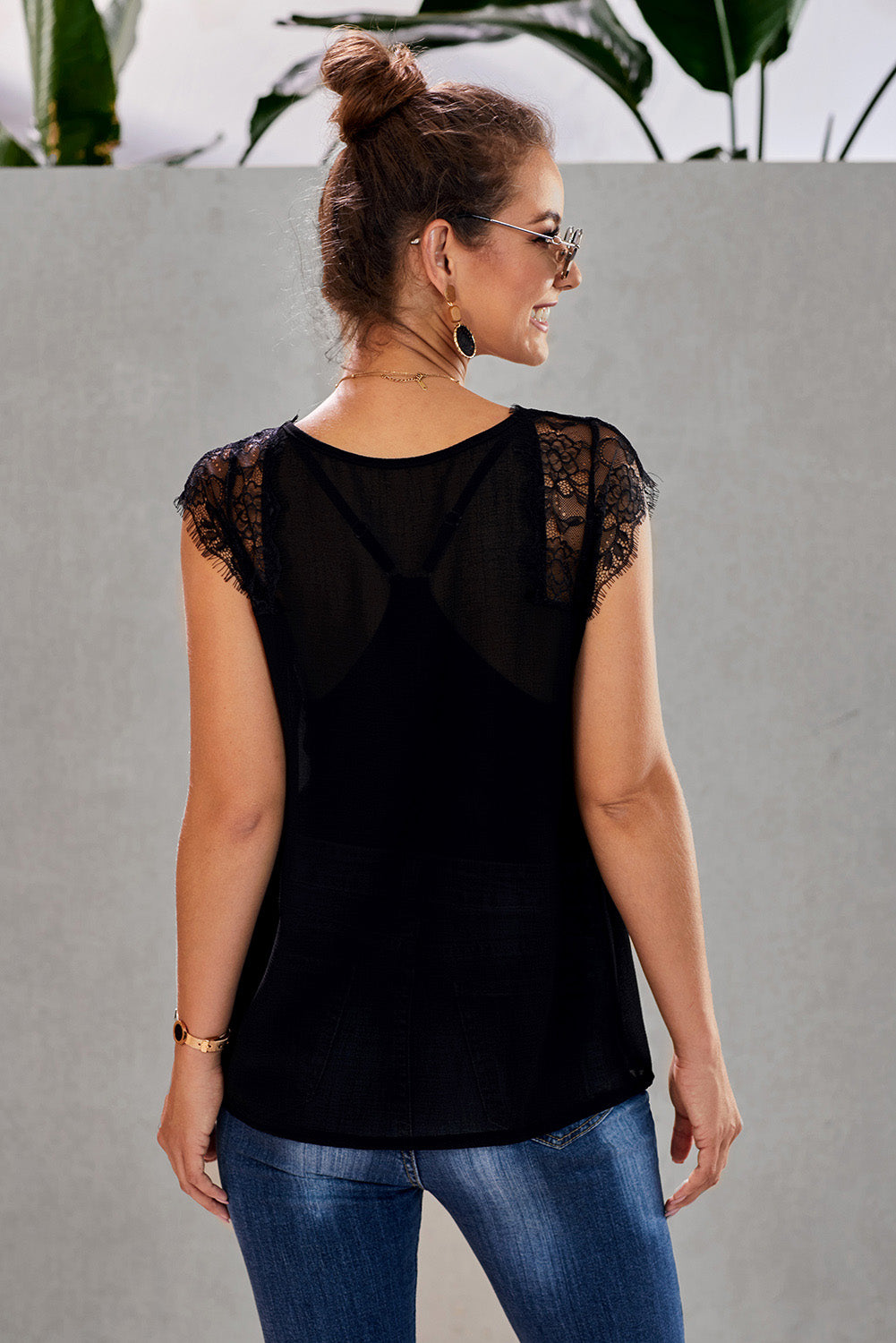 Eyelash Trim Spliced Lace V-Neck Tank - nailedmoms