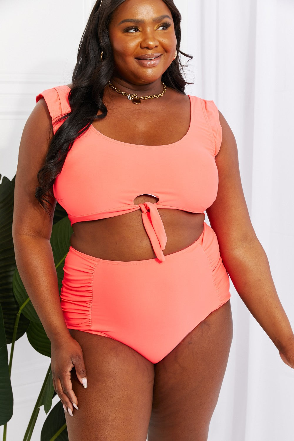 Marina West Swim Sanibel Crop Swim Top and Ruched Bottoms Set in Coral - nailedmoms