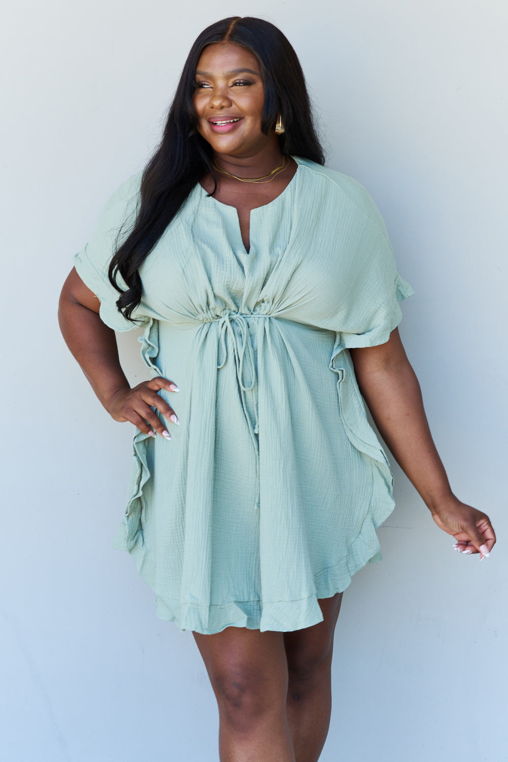 Ninexis Out Of Time Full Size Ruffle Hem Dress with Drawstring Waistband in Light Sage - nailedmoms