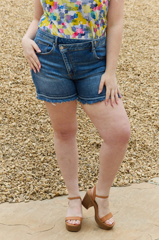 RISEN Maya Full Size Mid Rise Asymetrical Shorts - nailedmoms