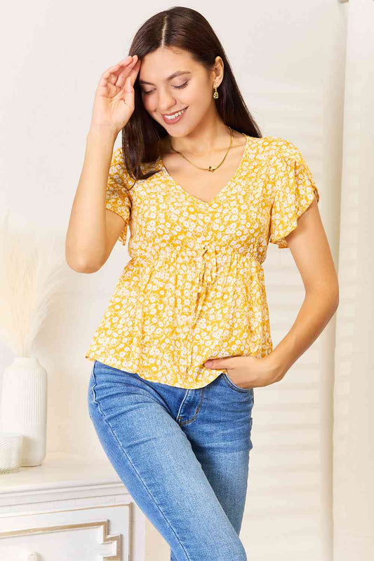 Double Take Floral Petal Sleeve Babydoll Top - nailedmoms