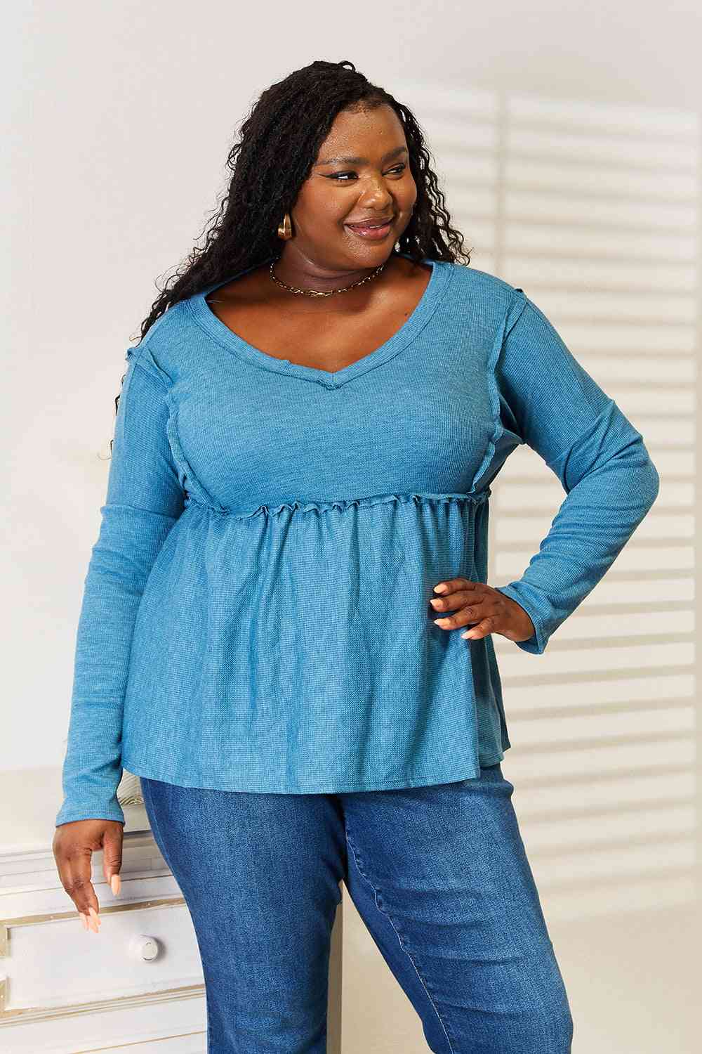 Jade By Jane Full Size Frill Trim Babydoll Blouse - nailedmoms