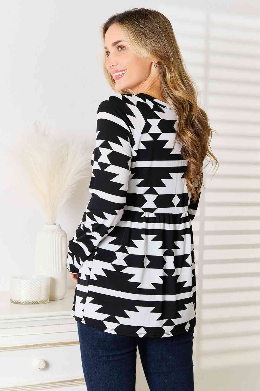 Heimish Full Size Geometric Notched Neck Long Sleeve Top - nailedmoms