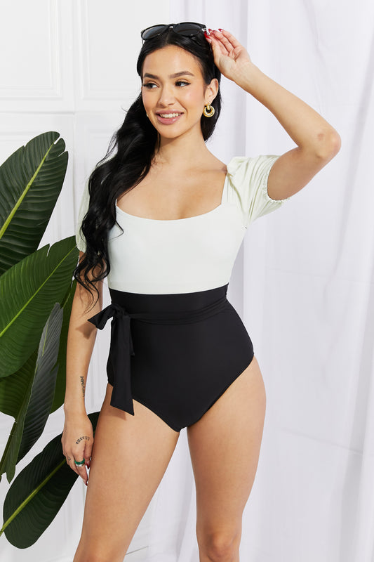Marina West Swim Salty Air Puff Sleeve One-Piece in Cream/Black - nailedmoms
