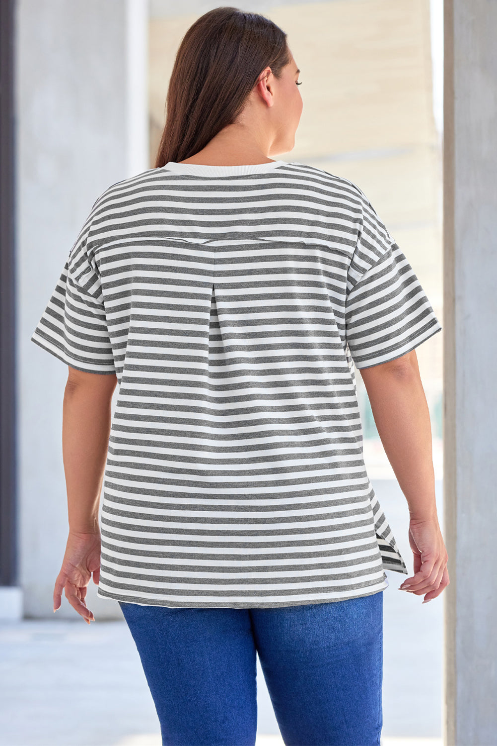 Plus Size Striped Notched Neck Short Sleeve Tee - nailedmoms