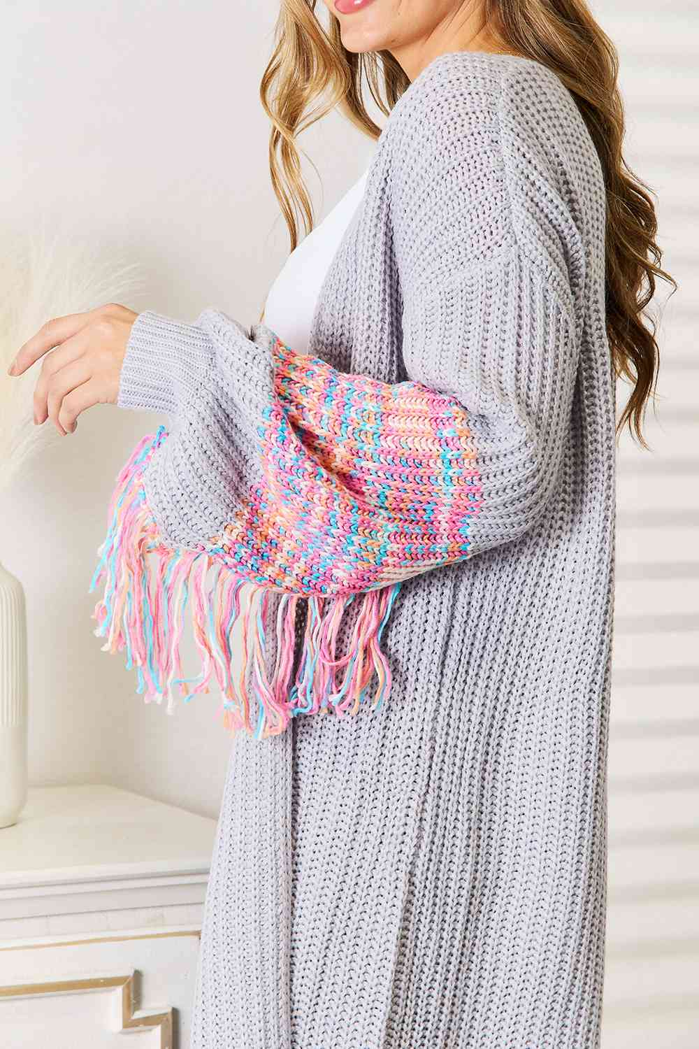 Woven Right Fringe Sleeve Dropped Shoulder Cardigan - nailedmoms