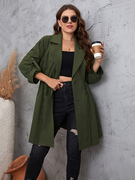 Plus Size Lapel Collar Roll-Tab Sleeve Trench Coat - nailedmoms