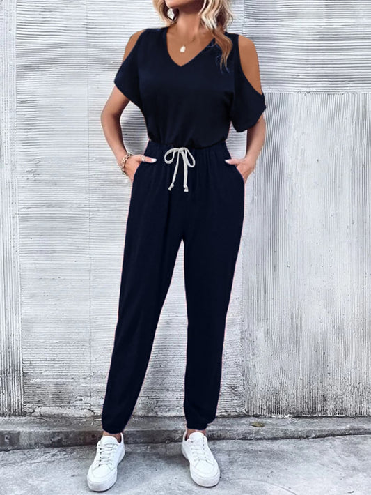 V-Neck Cold-Shoulder Jumpsuit with Pockets - nailedmoms