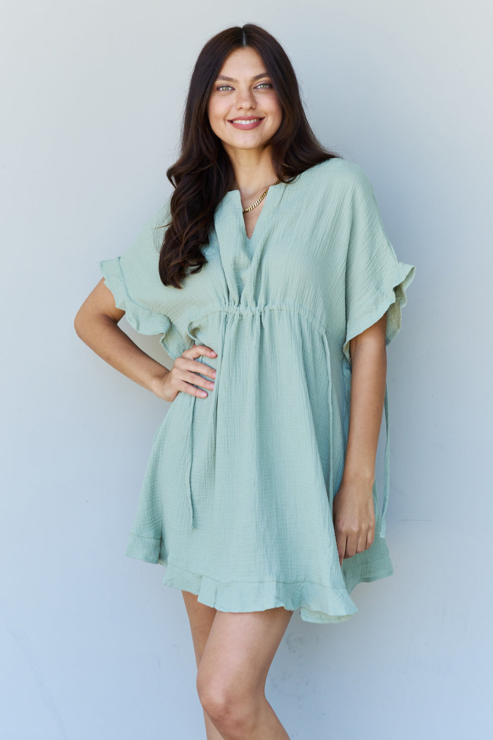 Ninexis Out Of Time Full Size Ruffle Hem Dress with Drawstring Waistband in Light Sage - nailedmoms