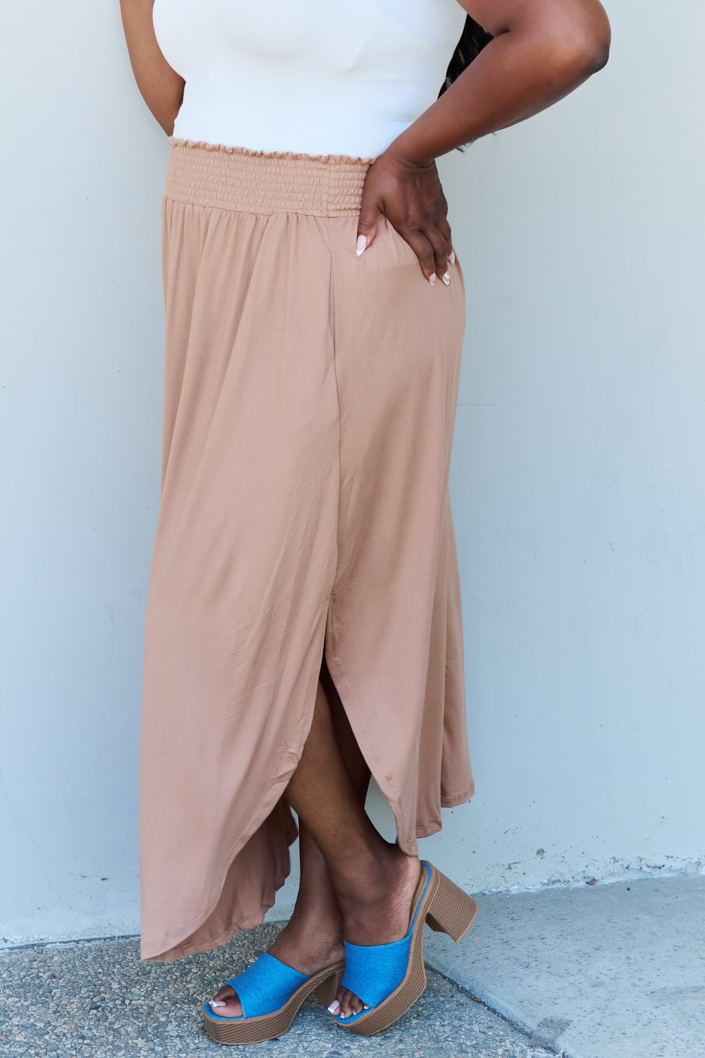 Doublju Comfort Princess Full Size High Waist Scoop Hem Maxi Skirt in Tan - nailedmoms