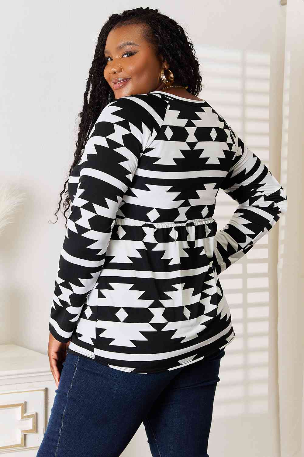 Heimish Full Size Geometric Notched Neck Long Sleeve Top - nailedmoms