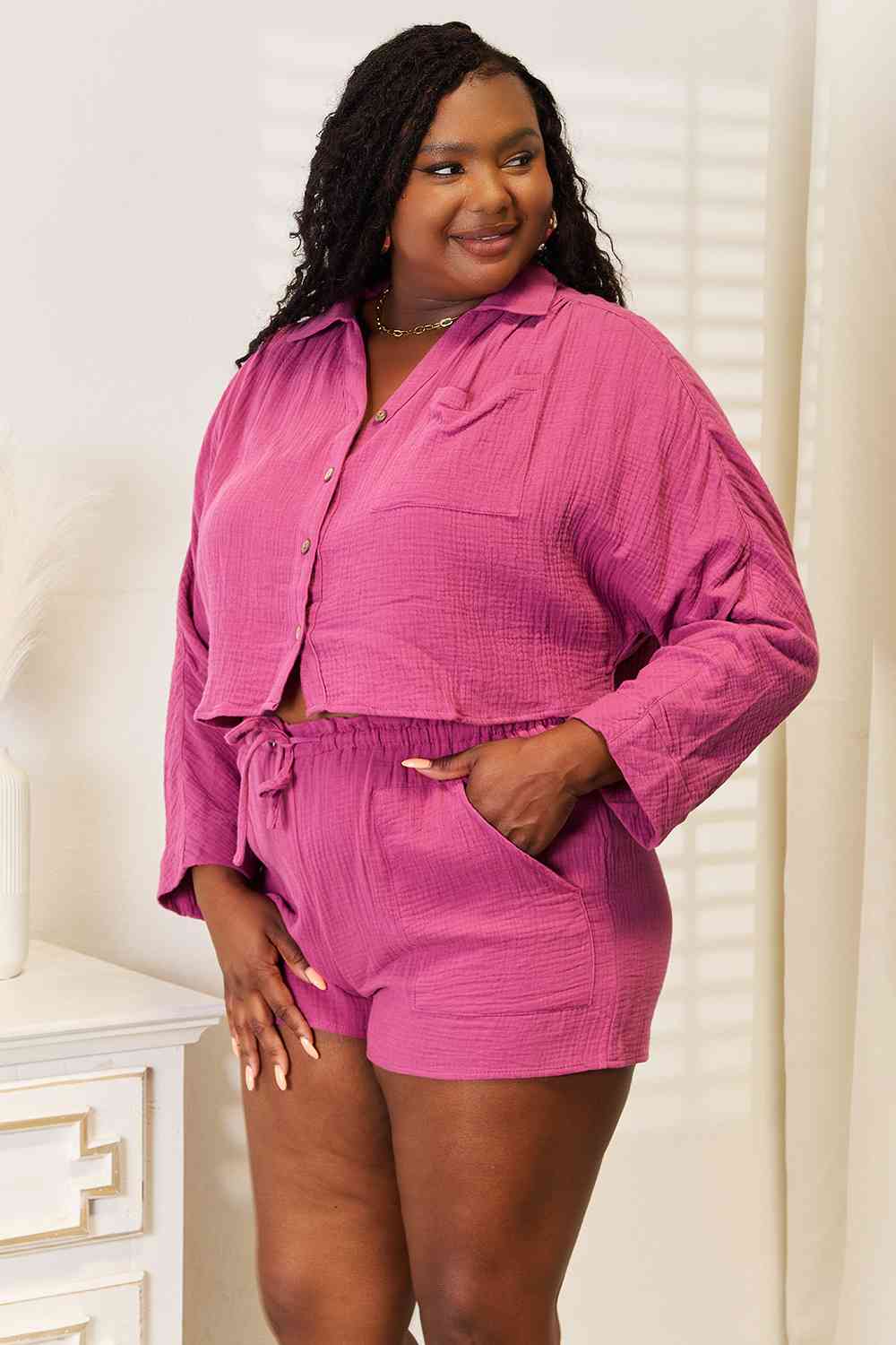 Basic Bae Buttoned Long Sleeve Top and Shorts Set - nailedmoms