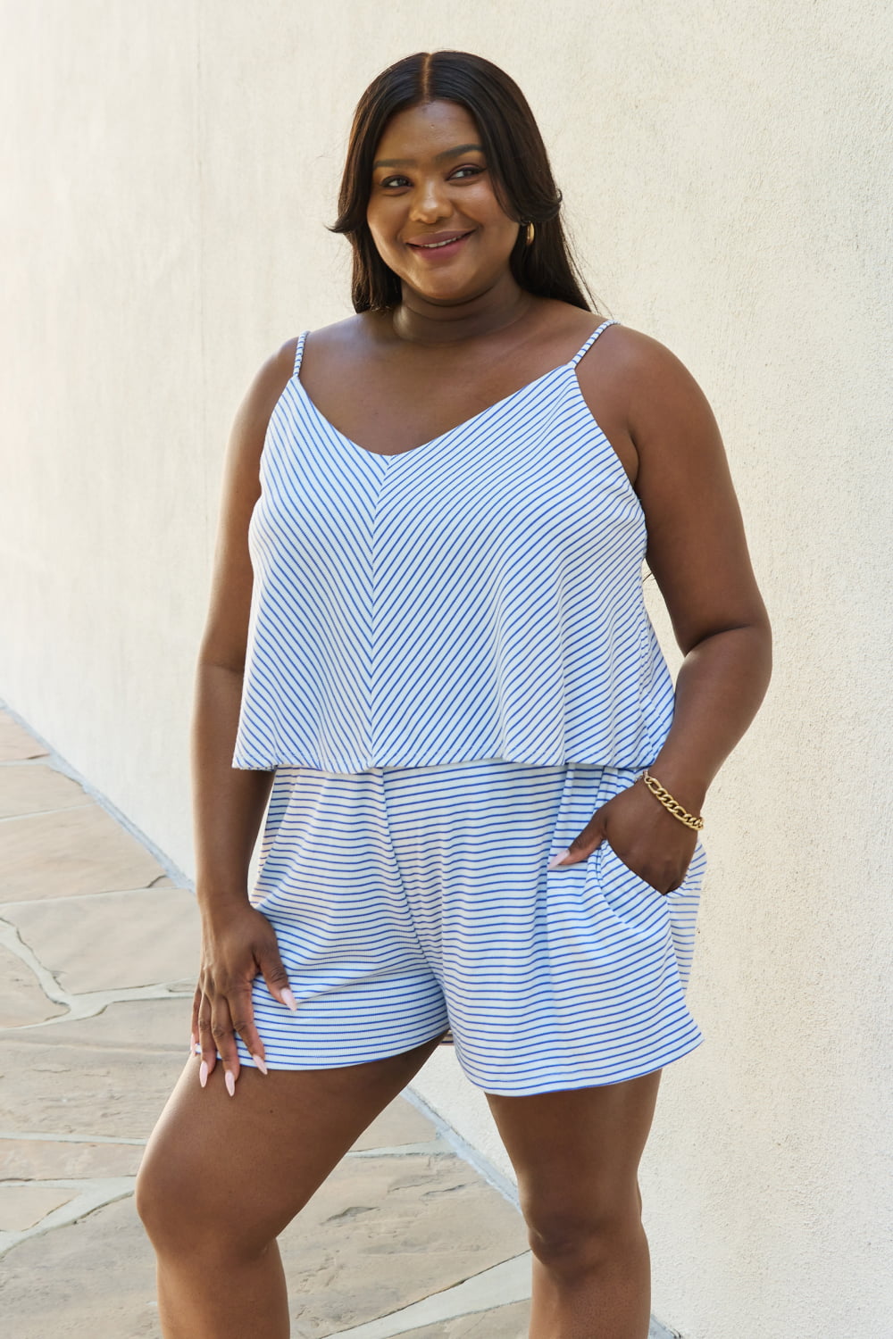 Culture Code Let It Happen Full Size Double Flare Striped Romper in Cobalt Blue - nailedmoms