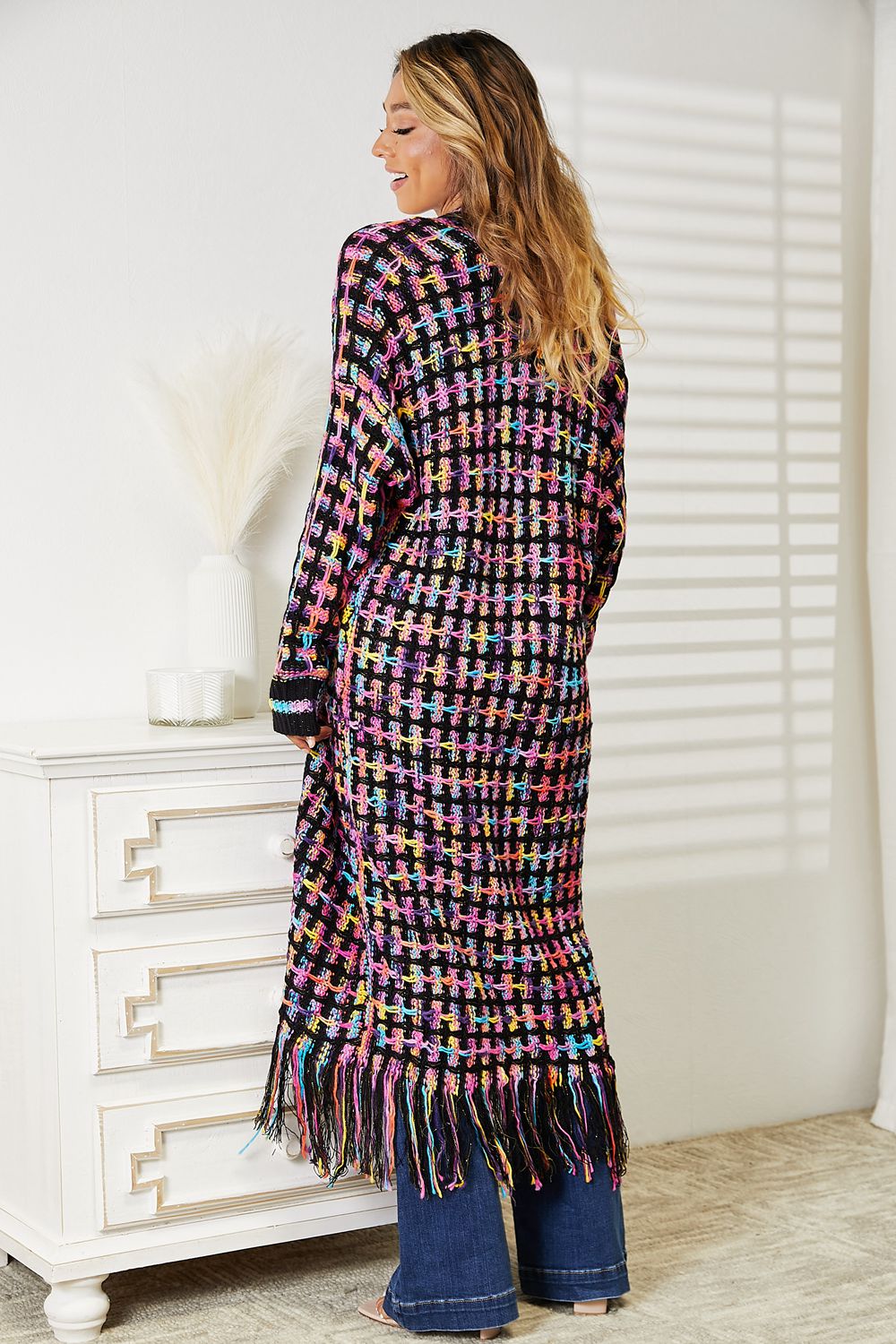 Double Take Full Size Multicolored Open Front Fringe Hem Cardigan - nailedmoms