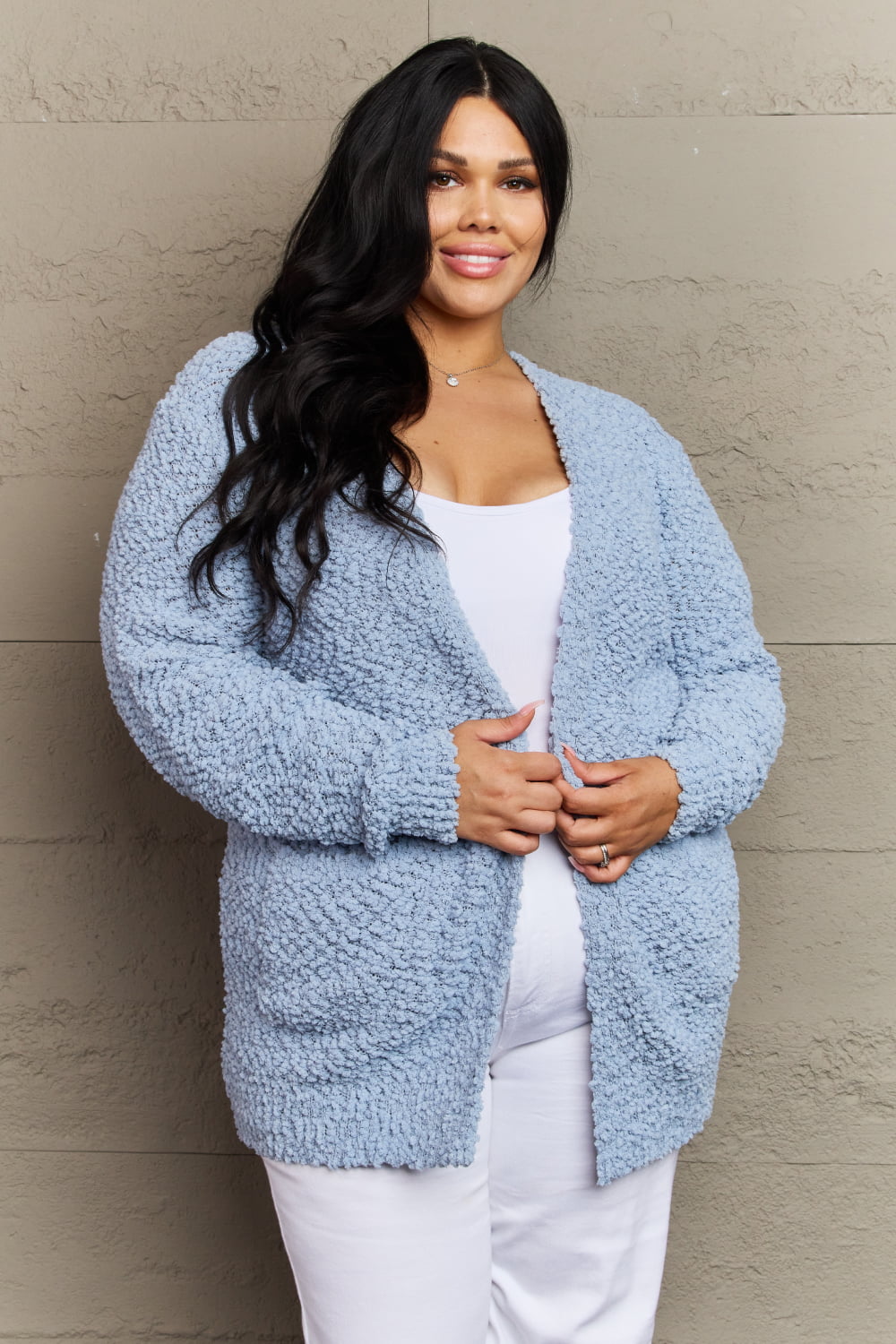 Zenana Falling For You Full Size Open Front Popcorn Cardigan - nailedmoms