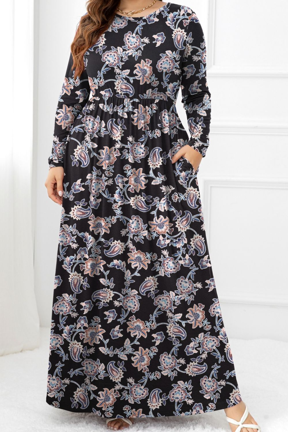 Plus Size Round Neck Long Sleeve Maxi Dress with Pockets - nailedmoms