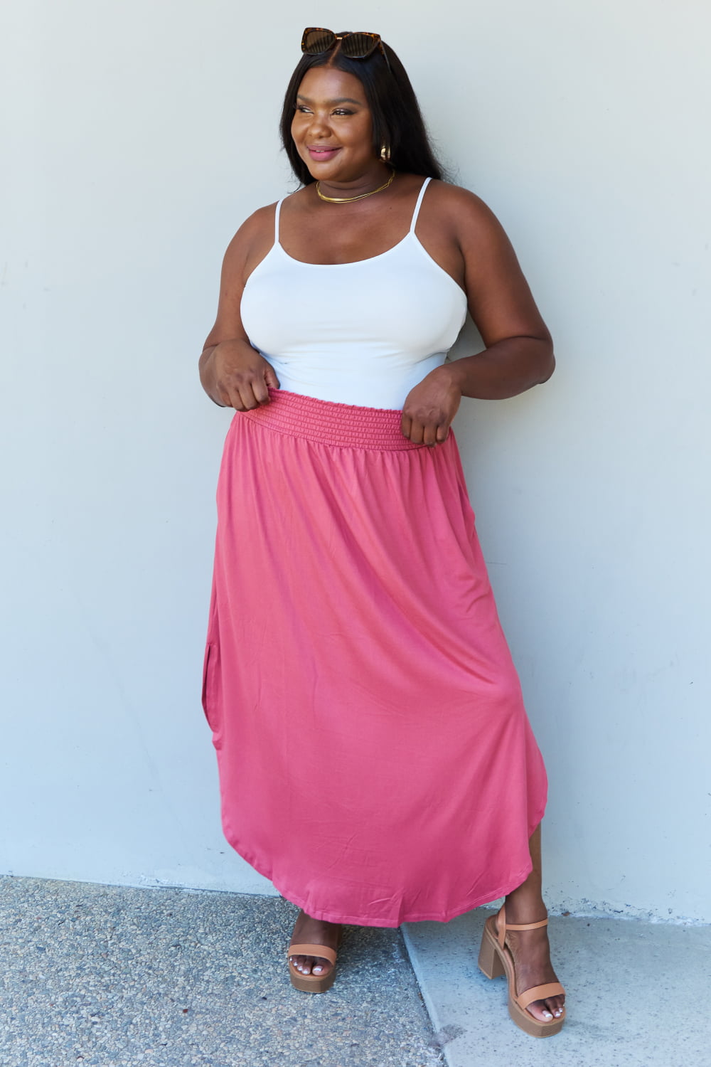 Doublju Comfort Princess Full Size High Waist Scoop Hem Maxi Skirt in Hot Pink - nailedmoms