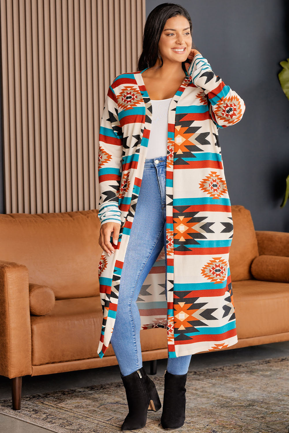 Plus Size Geometric Open Front Longline Cardigan - nailedmoms