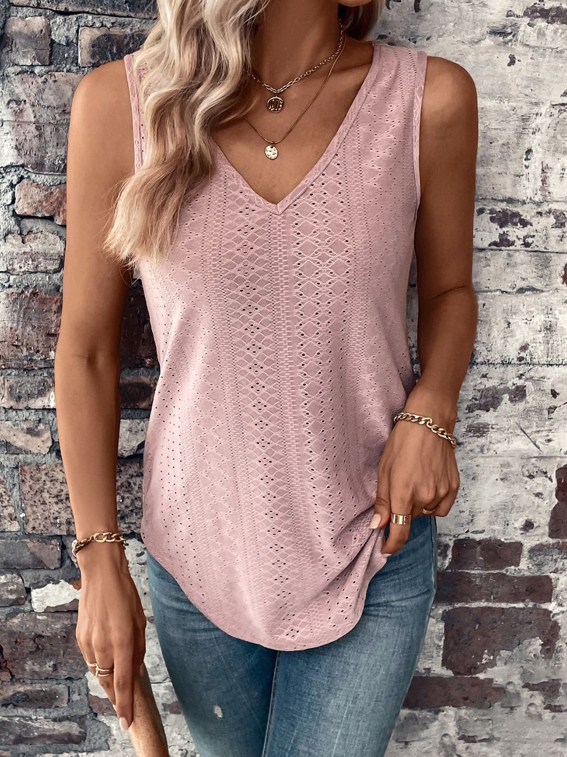 Eyelet V-Neck Curved Hem Tank - nailedmoms