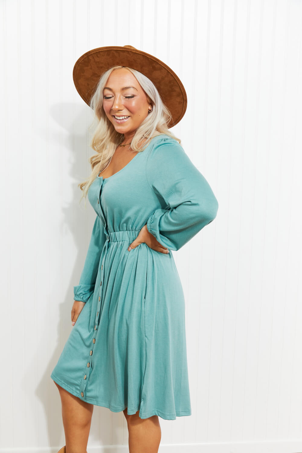 Scoop Neck Empire Waist Long Sleeve Mini Dress - nailedmoms