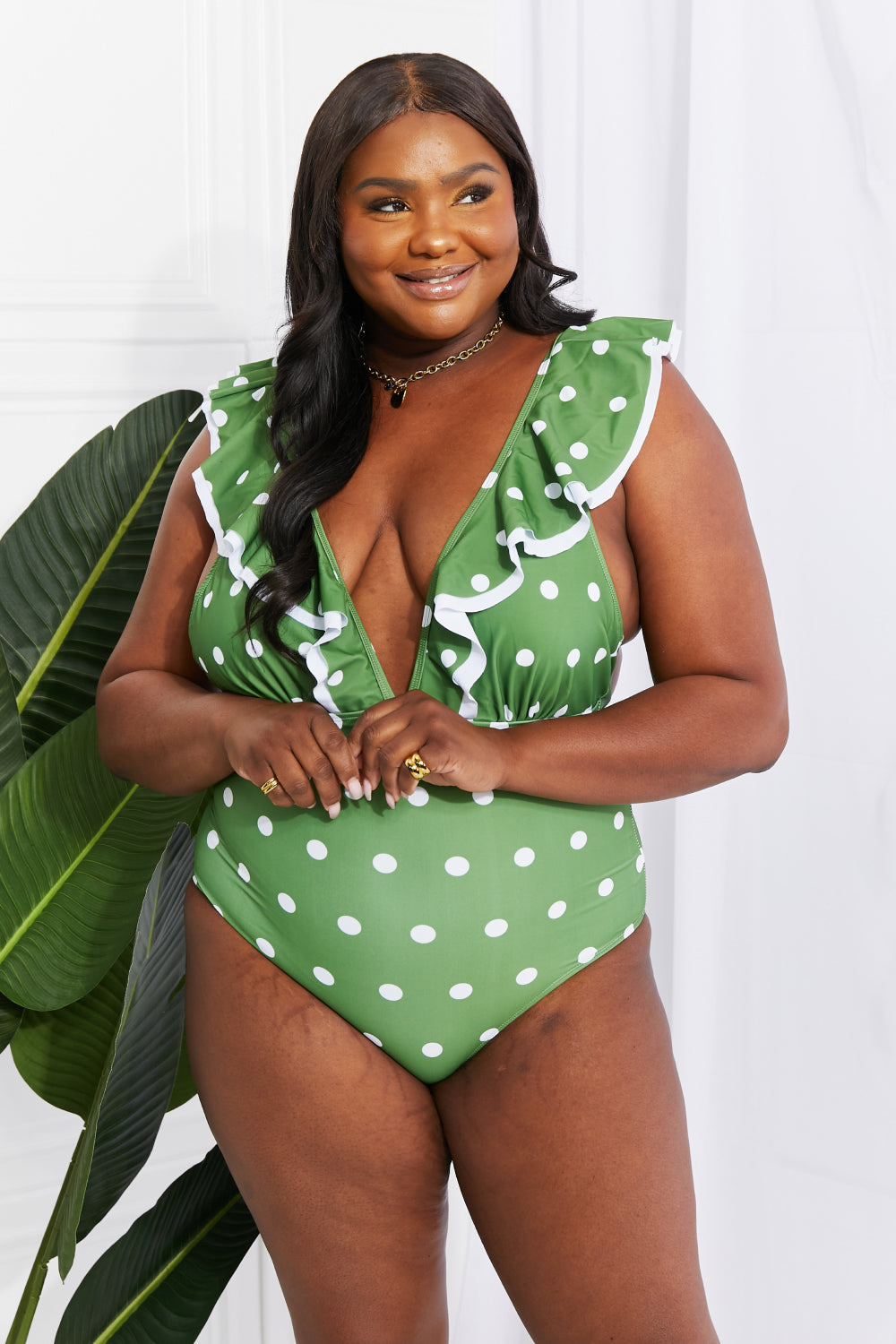 Marina West Swim Moonlit Dip Ruffle Plunge Swimsuit in Mid Green - nailedmoms