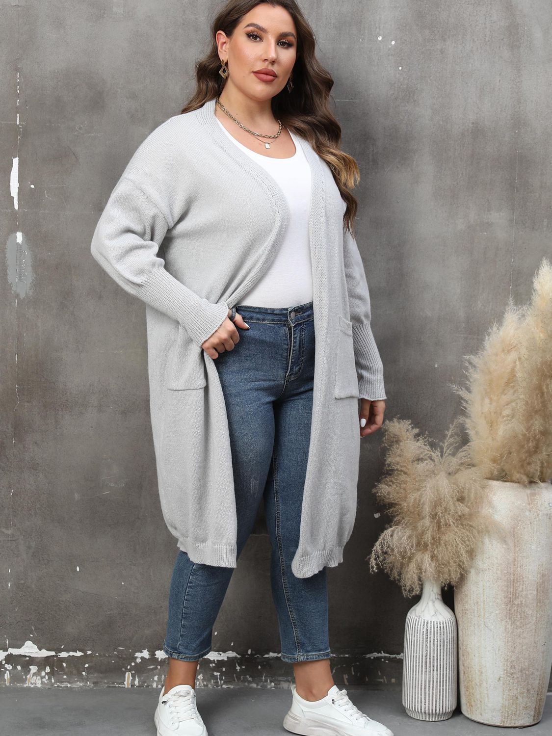 Plus Size Long Sleeve Pocketed Cardigan - nailedmoms