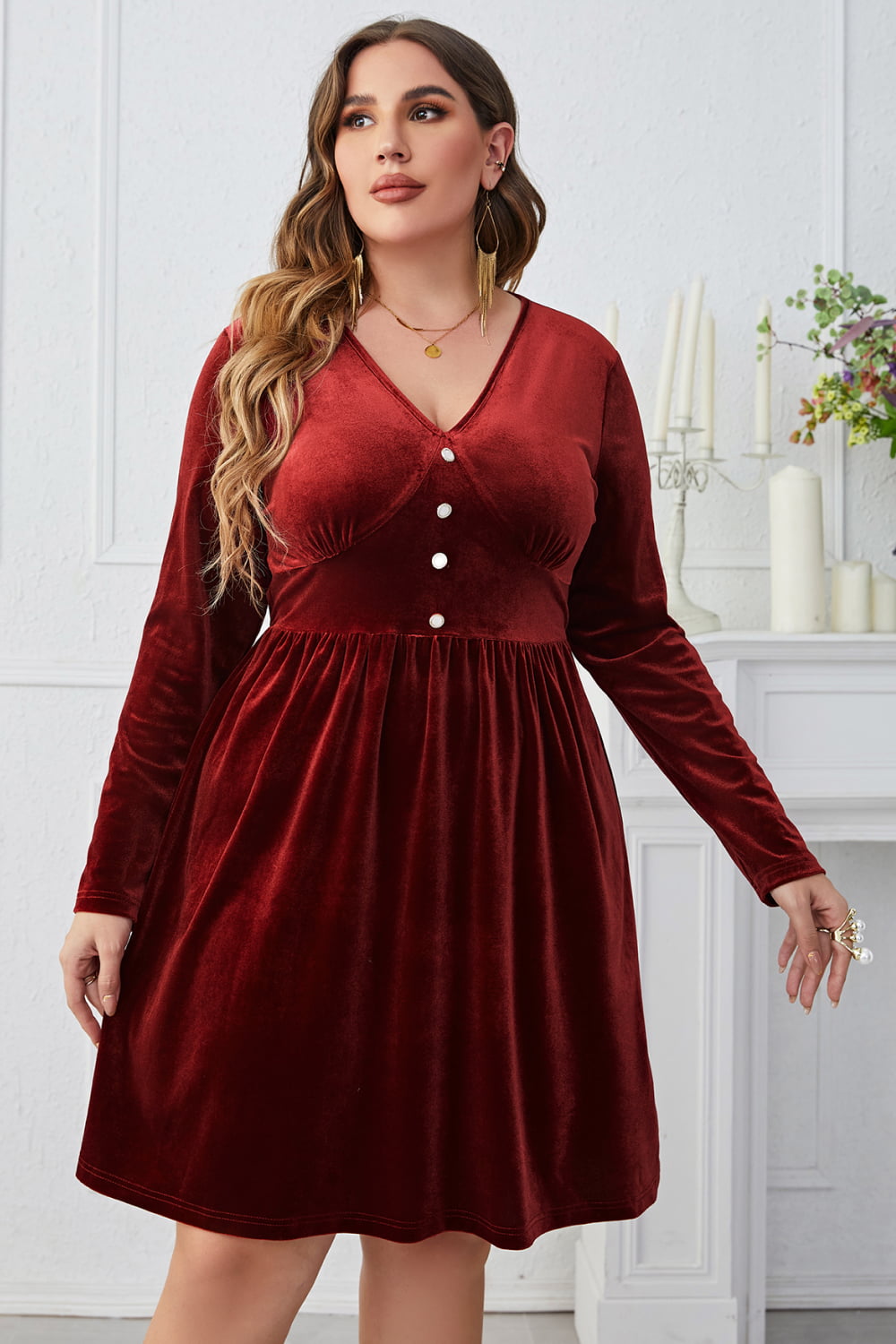 Melo Apparel Plus Size V-Neck Decorative Button Knee Length Dress - nailedmoms